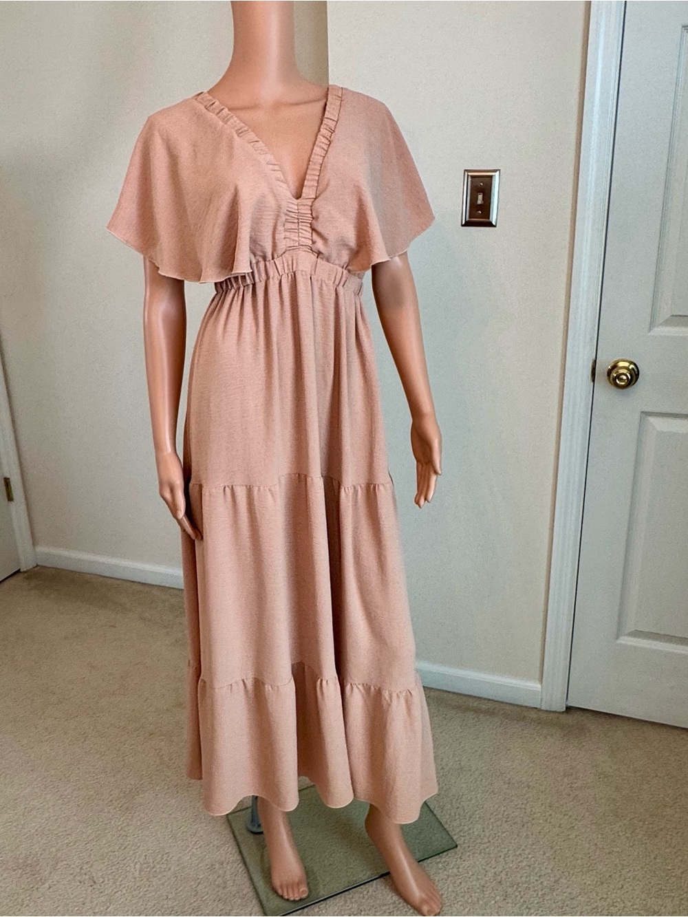 Simplee Cream Maxi Dress With Ruffle Details Tie Back Feminine Flowy Fairy Large